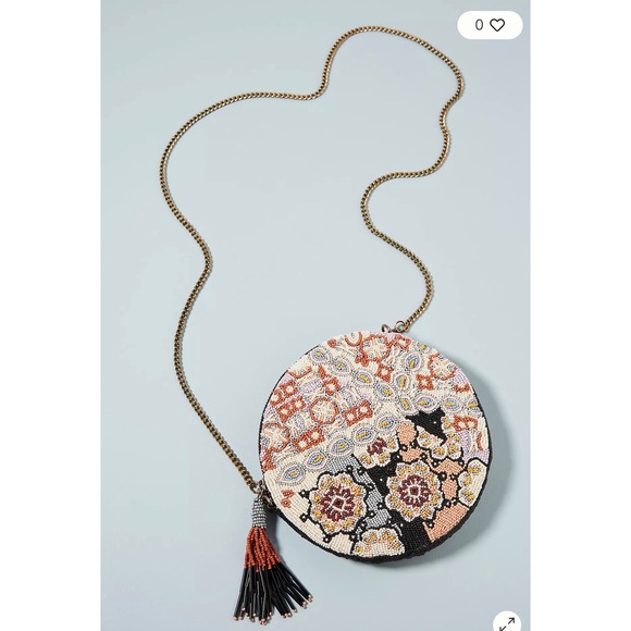 Anthropologie Handbags - Anthropologie Florence Beaded Round Crossbody Bag Floral Striped Tassel